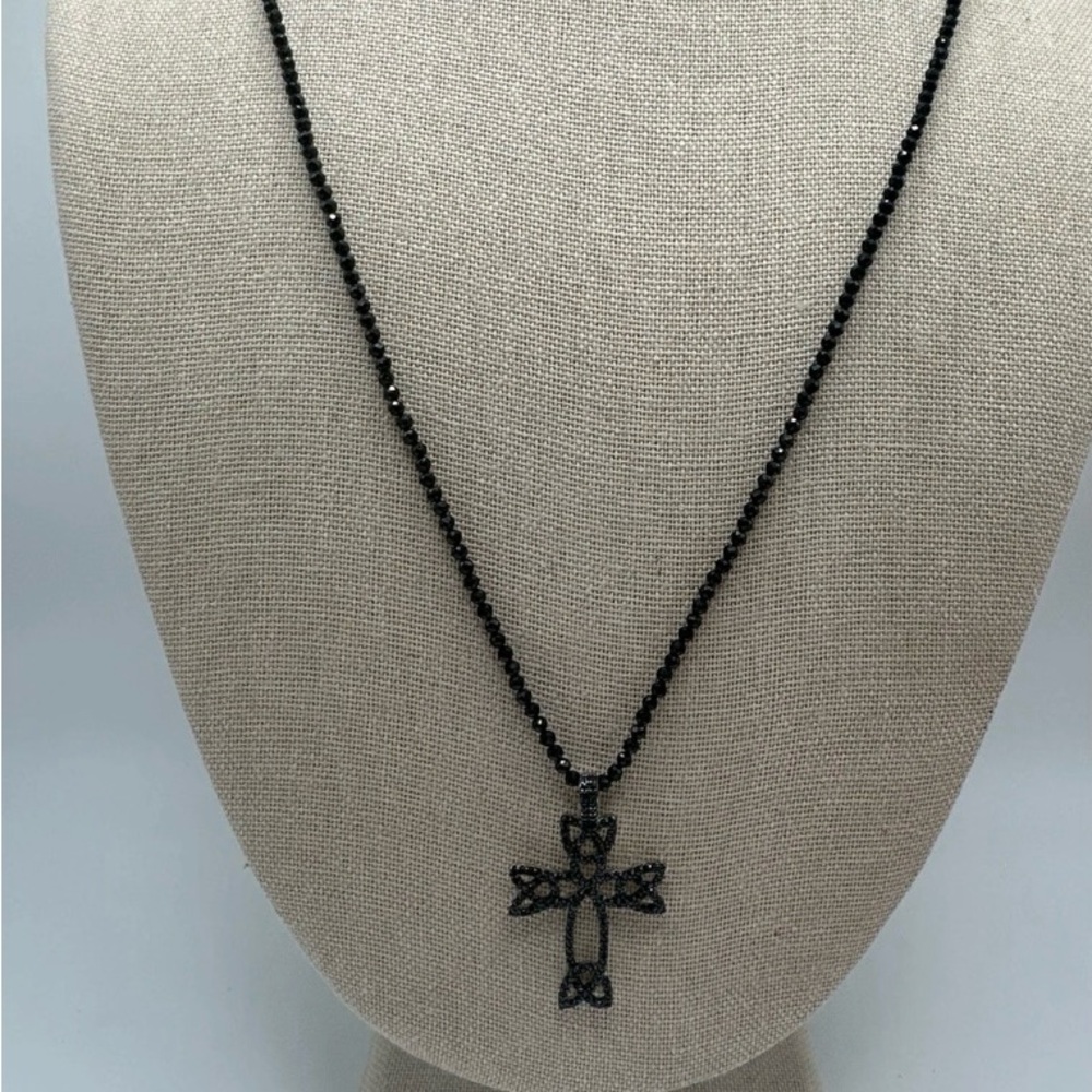 Black Spinel Sterling Silver Cross Necklace 24” Signed FZN 925